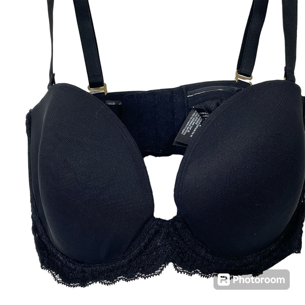 Natori Black Lace Trim Padded Underwire Bra Sz 32D Convertible Straps